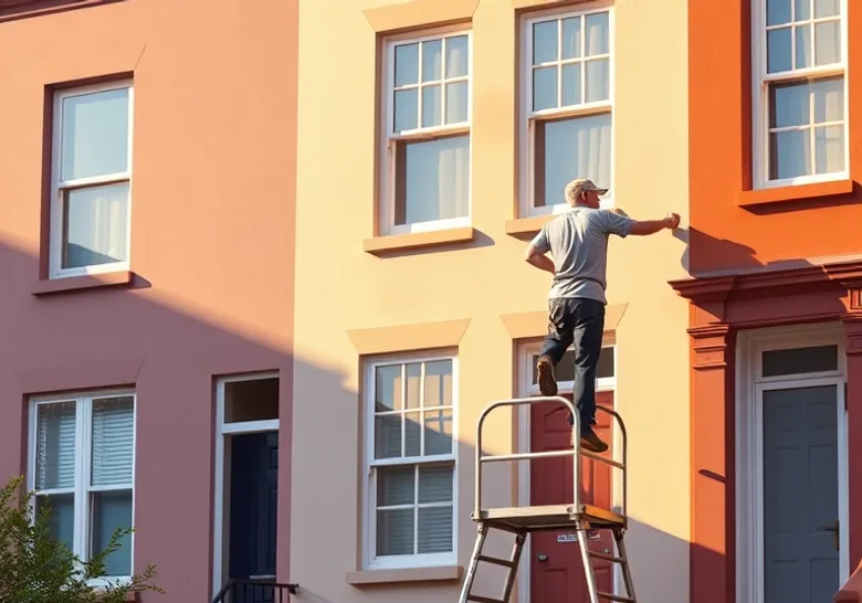 Peintre sur échafaudage traitant la façade d'une maison